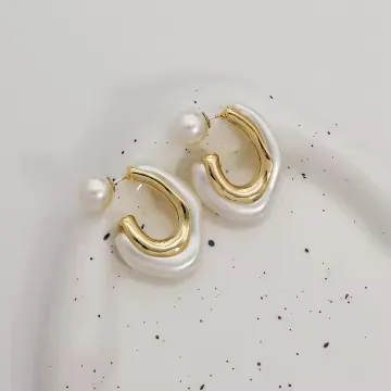 Golden White C Shaped Hoop Earrings